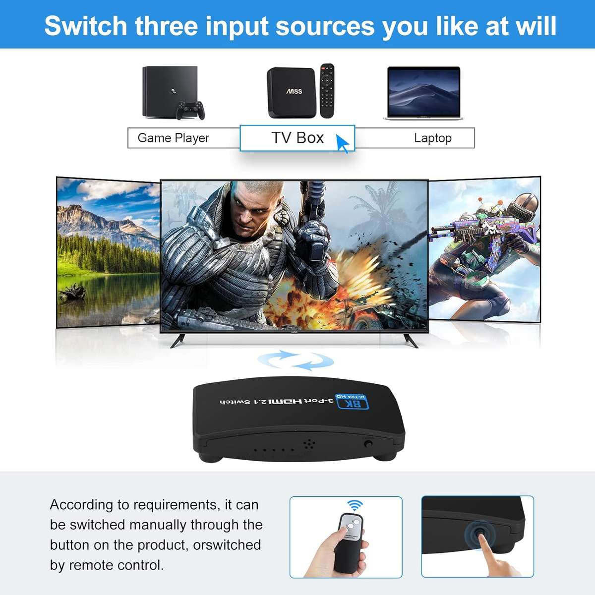 8K@60Hz HDMI 2.1 Switch, HDMI Switch 3 in 1 Out