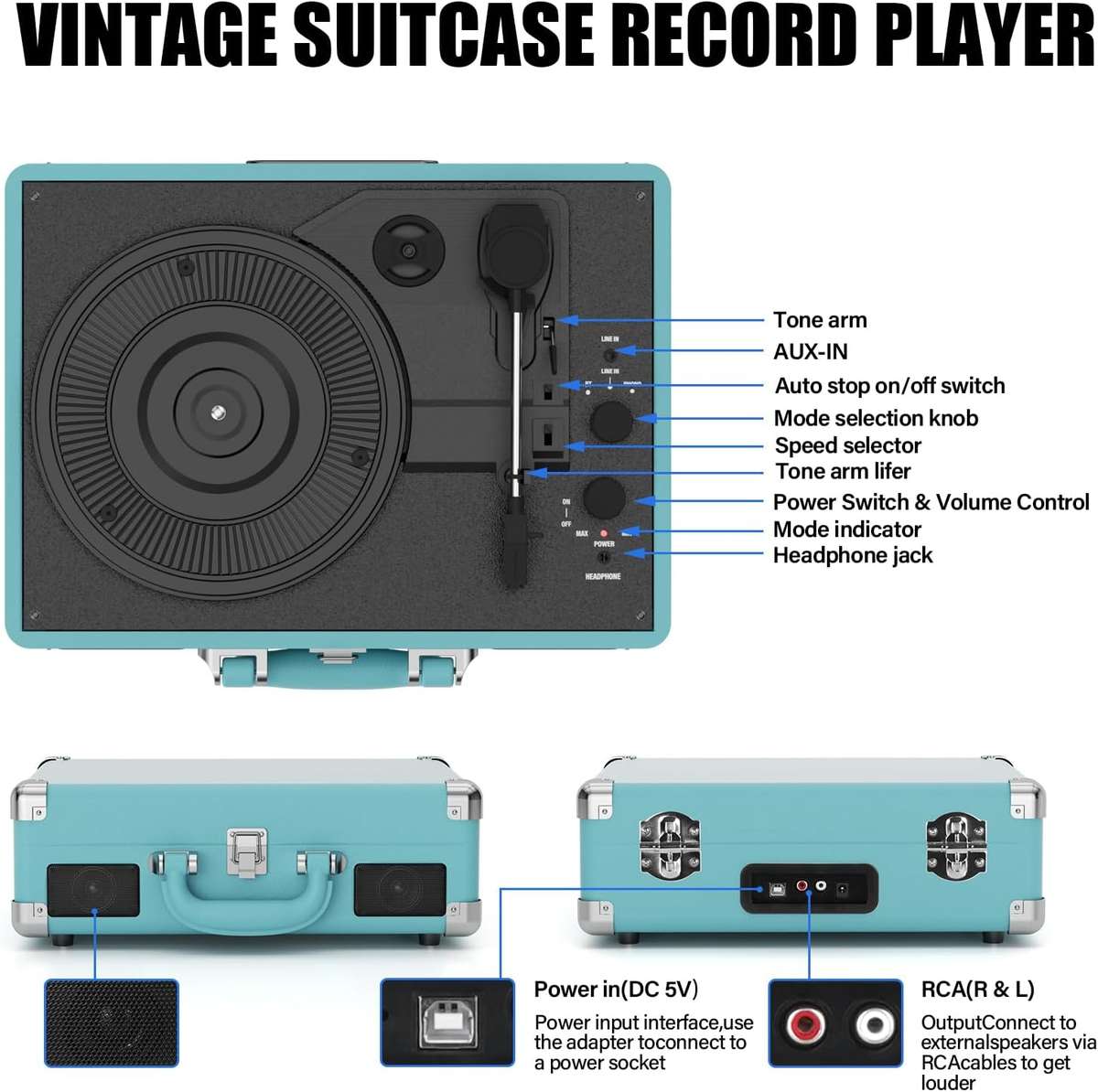 Vinyl Record Player 3-Speed Record Player Bluetooth Suitcase Turntable Record Player