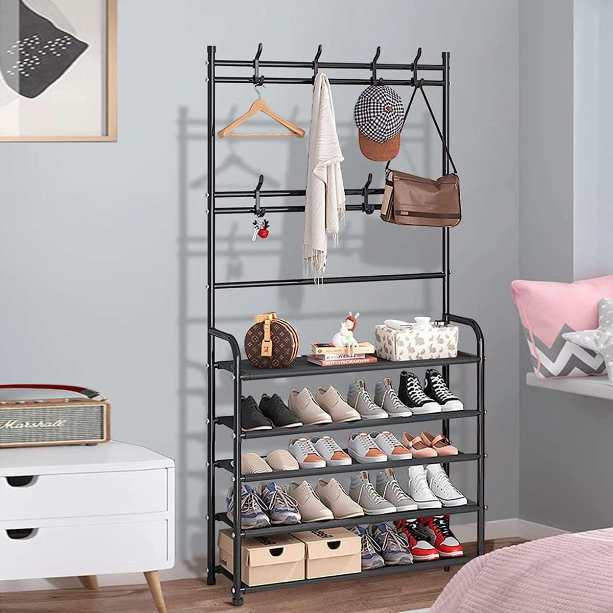 Shoe Rack with Coat Rack, 5-Tier Shoe Storage Organiser, Black Metal Frame, Multiple Hooks