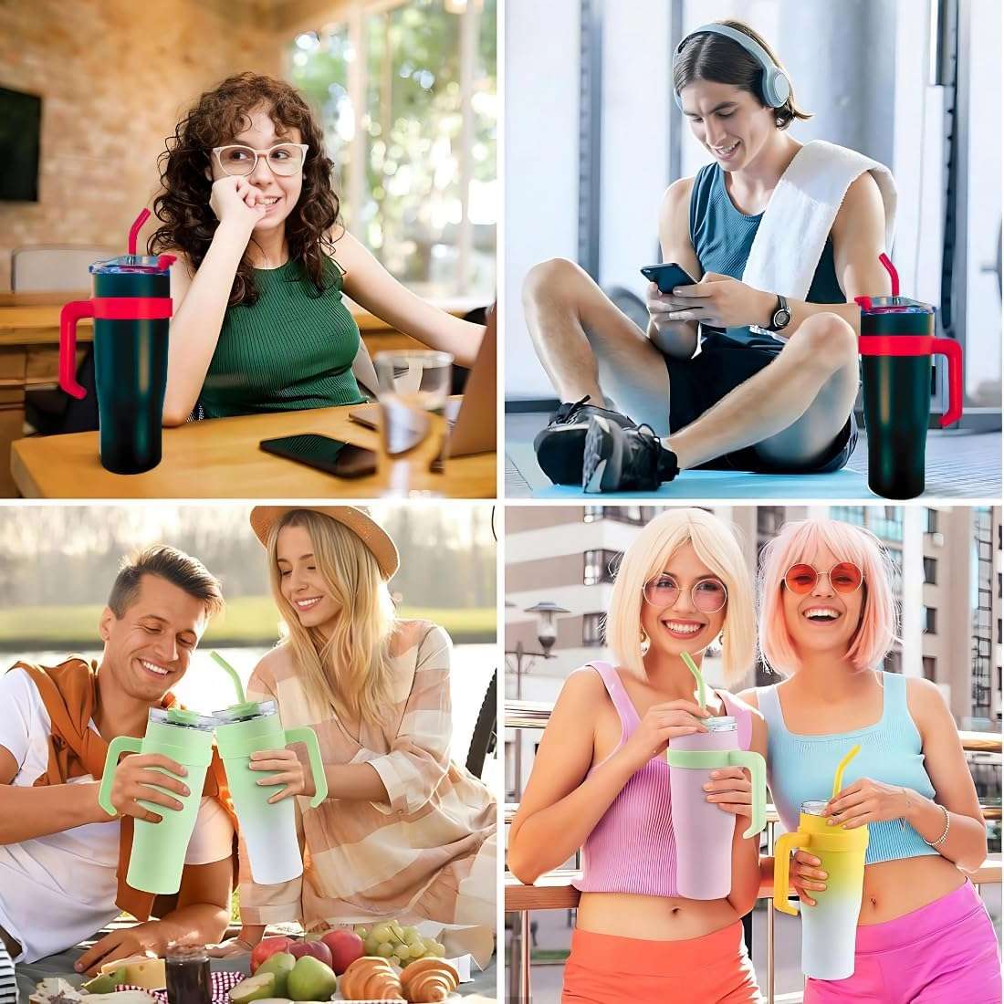 1.2L Tumbler Stainless Steel Vacuum Mug Cup with Handle, Lid & Straw - Black And Red