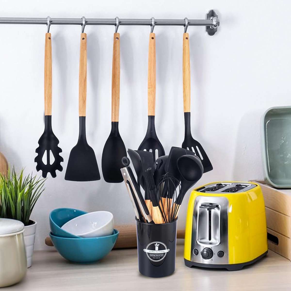 Kitchen Utensil Set 12 PCS Silicone Cooking Utensils Set with Wooden Handle Non-Stick Cooking Spoons