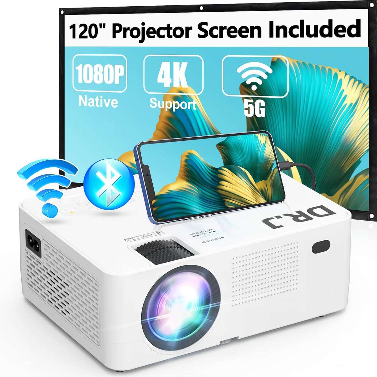 5G WiFi Bluetooth Projector, Full HD Native 1080P Projector 12000Lumens with Wireless Mirroring Scre