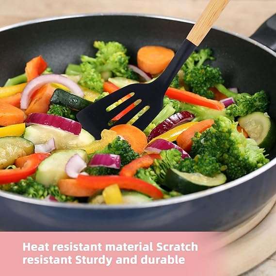 Kitchen Utensil Set 12 PCS Silicone Cooking Utensils Set with Wooden Handle Non-Stick (Grey)