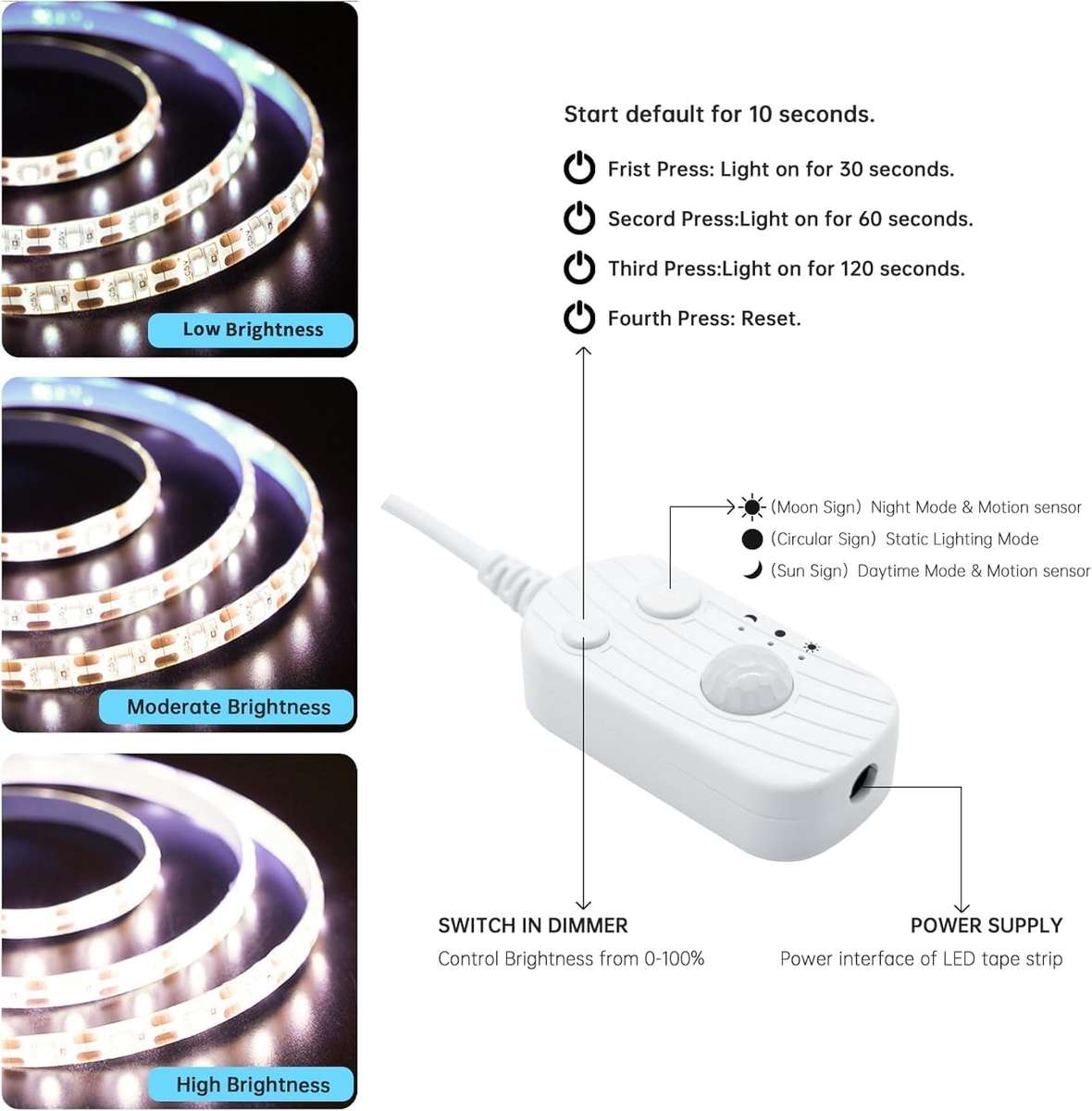 5m 12v LED Digital Bed Lighting Strip with PIR Sensor For Motion Activated Illumination - 2835 White