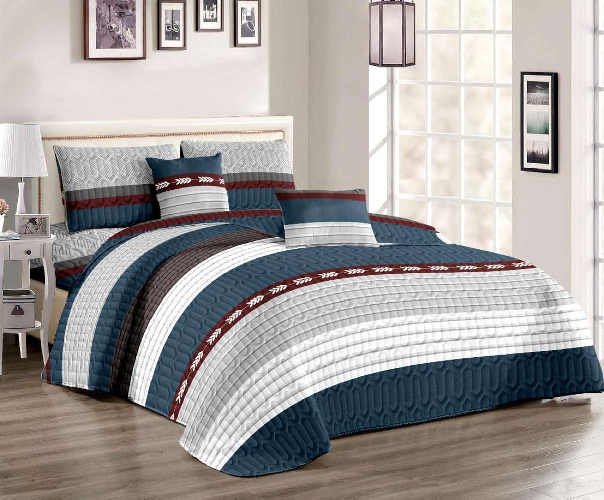 Bedspread Queen 5 Pcs Blue & Grey Quilt Set