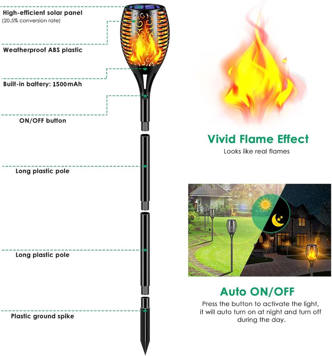 Waterproof Solar Outdoor Lights 96 LED Higher & Larger Flickering Flame Solar Torch Pack of 4 Units