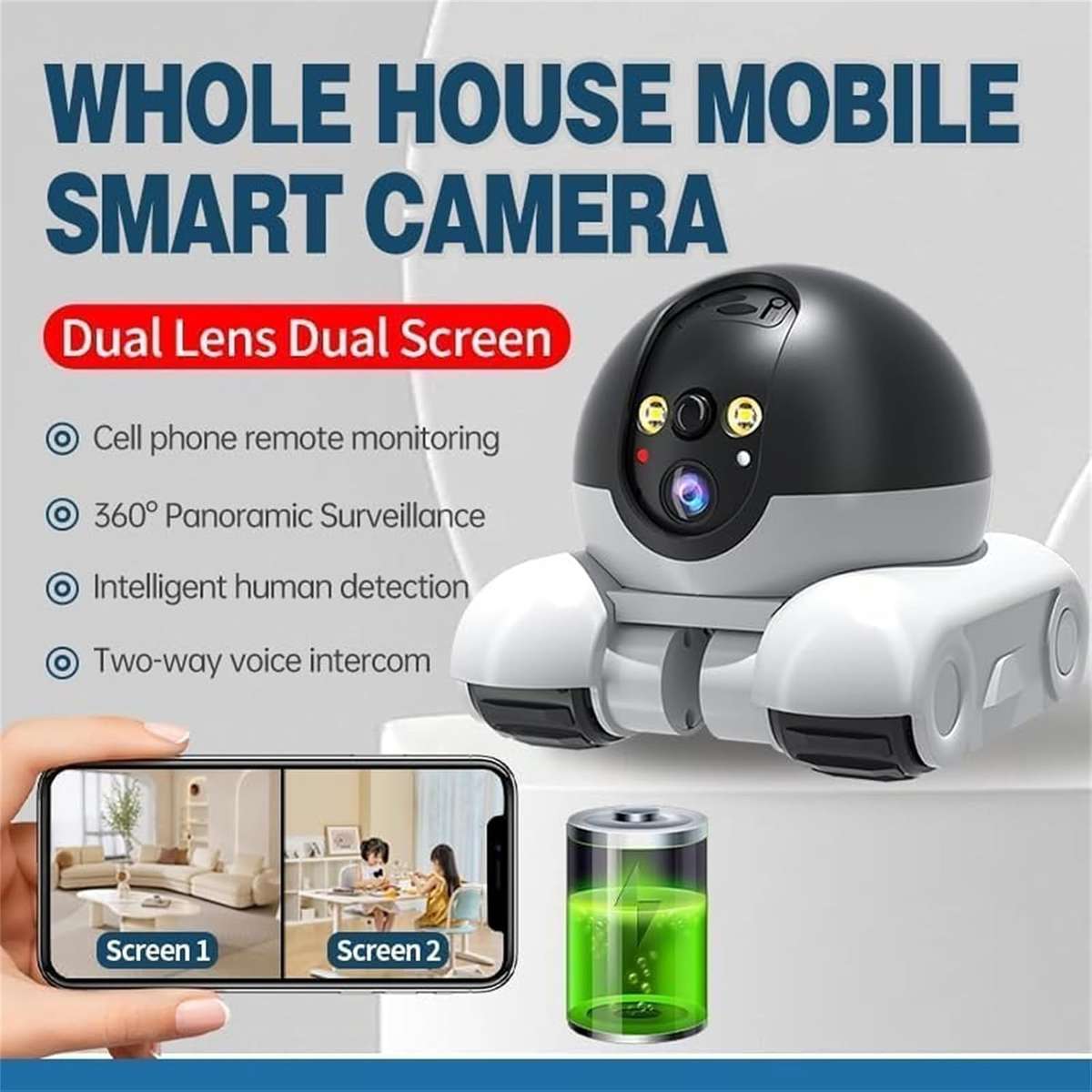 Robot Camera on Wheels 1080P Dual Lens,Indoor Movable Security Camera with 2-Way Talk,Blinky Bot wit
