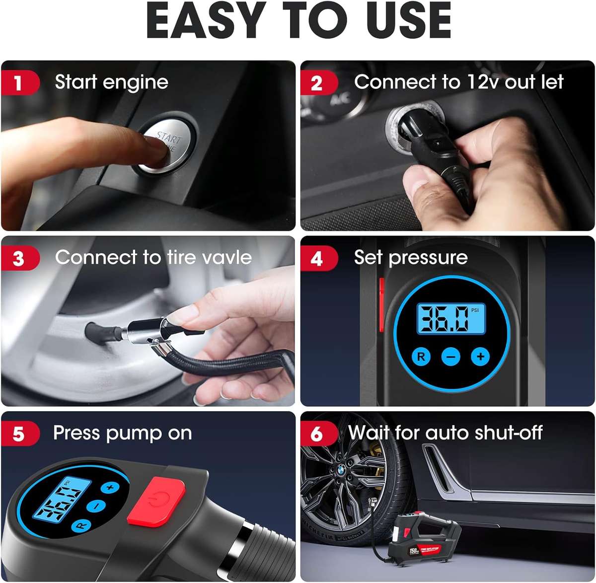 Portable Air Pump For Car Tires DC 12V Car Tire Pump With Digital Pressure Gauge LED 120 PSI 12L/min