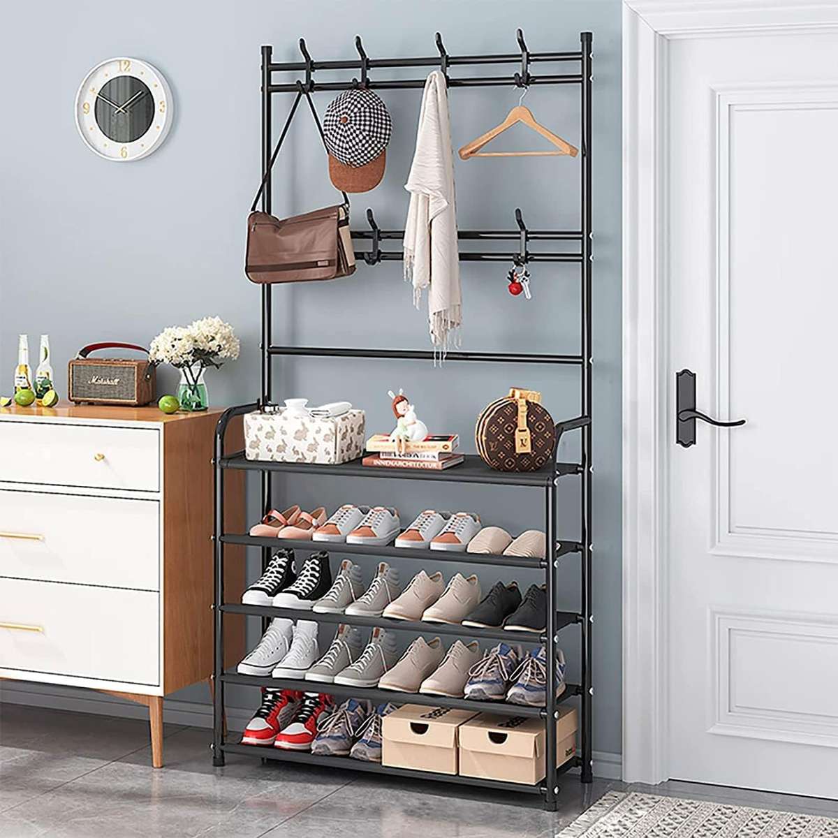 Shoe Rack with Coat Rack, 5-Tier Shoe Storage Organiser, Black Metal Frame, Multiple Hooks