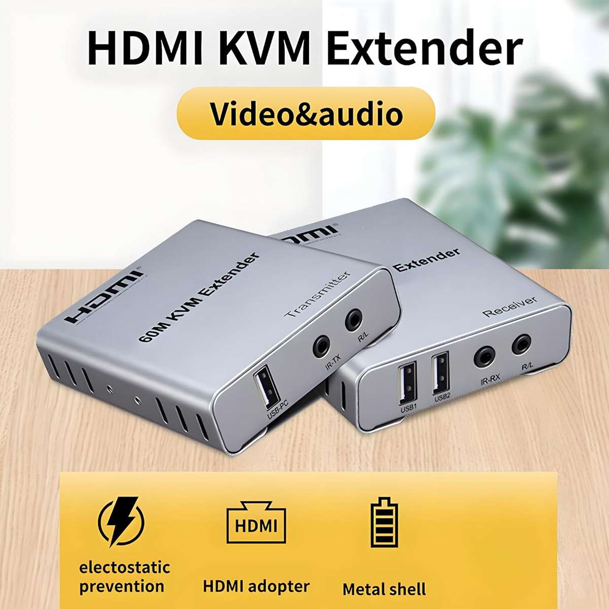 60M HDMI Extender with KVM Function  Transmits 1080P/60Hz Video, Audio & Keyboard/Mouse Signals Ove