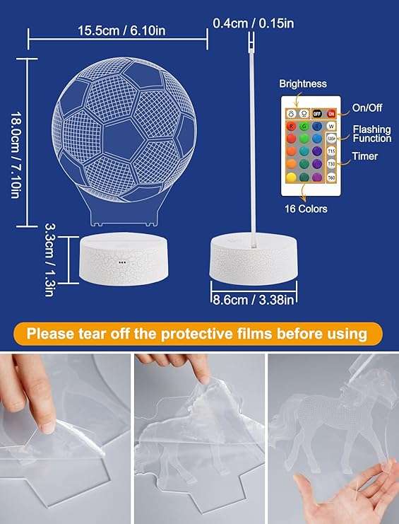 3D Illusion Soccer Lamp 16 Color Change Night Light Touch-Remote