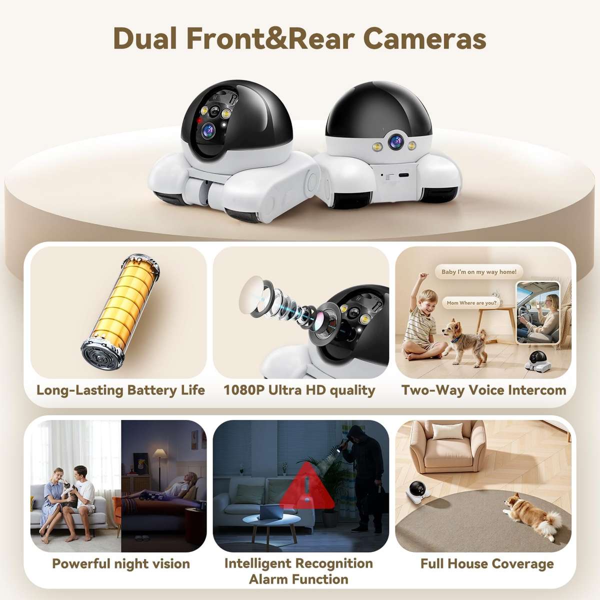 Robot Camera on Wheels 1080P Dual Lens,Indoor Movable Security Camera with 2-Way Talk,Blinky Bot wit