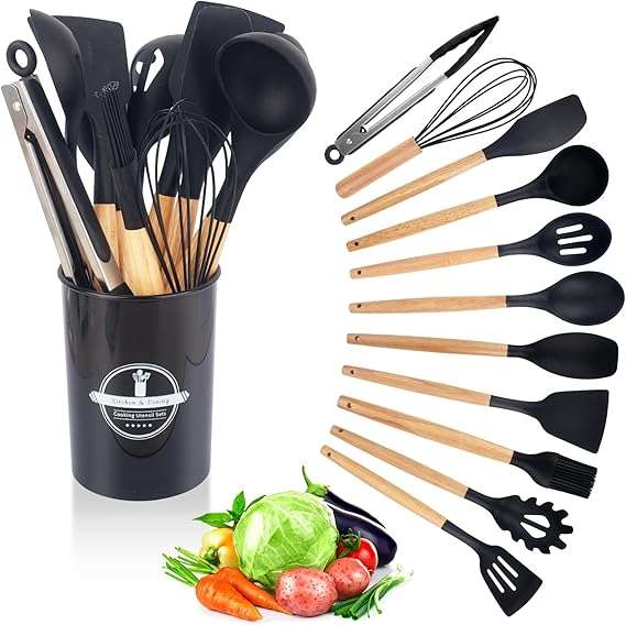 Kitchen Utensil Set 12 PCS Silicone Cooking Utensils Set with Wooden Handle Non-Stick (Grey)