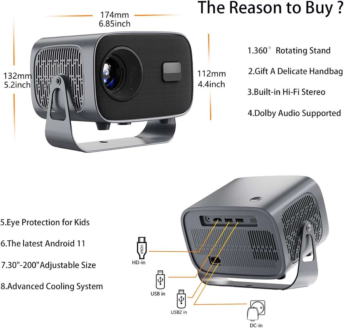 4K Smart Projector with WiFi Auto Focus Portable Home Theater