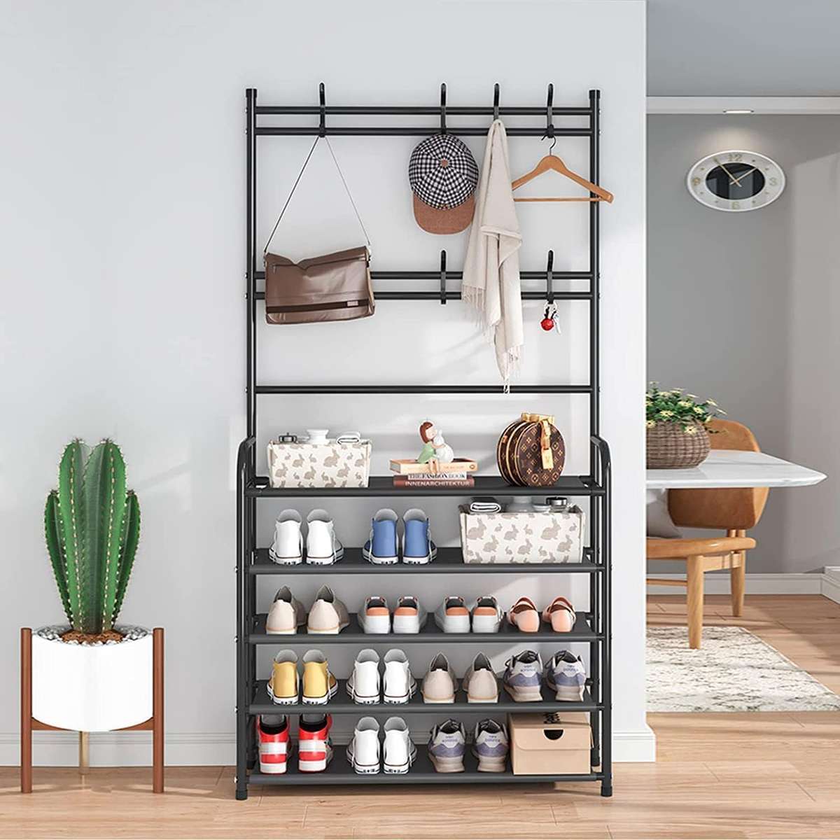 Shoe Rack with Coat Rack, 5-Tier Shoe Storage Organiser, Black Metal Frame, Multiple Hooks
