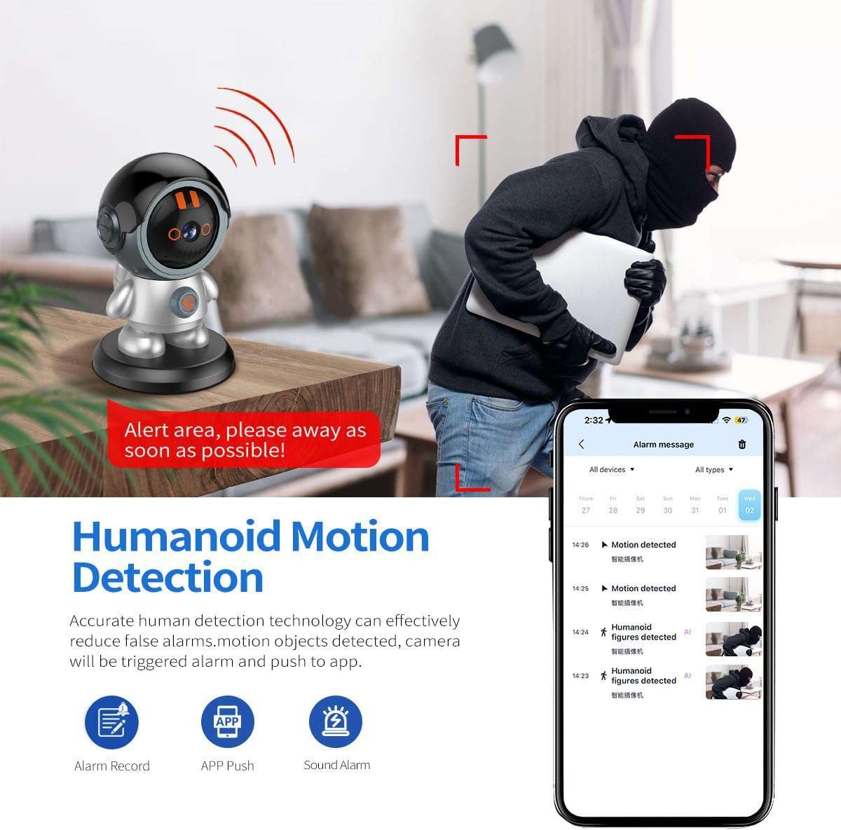 WiFi Robot Camera, 1080P Detection Camera, 6X Zoom Security Camera for iOS, 24 Hour Security Guard.