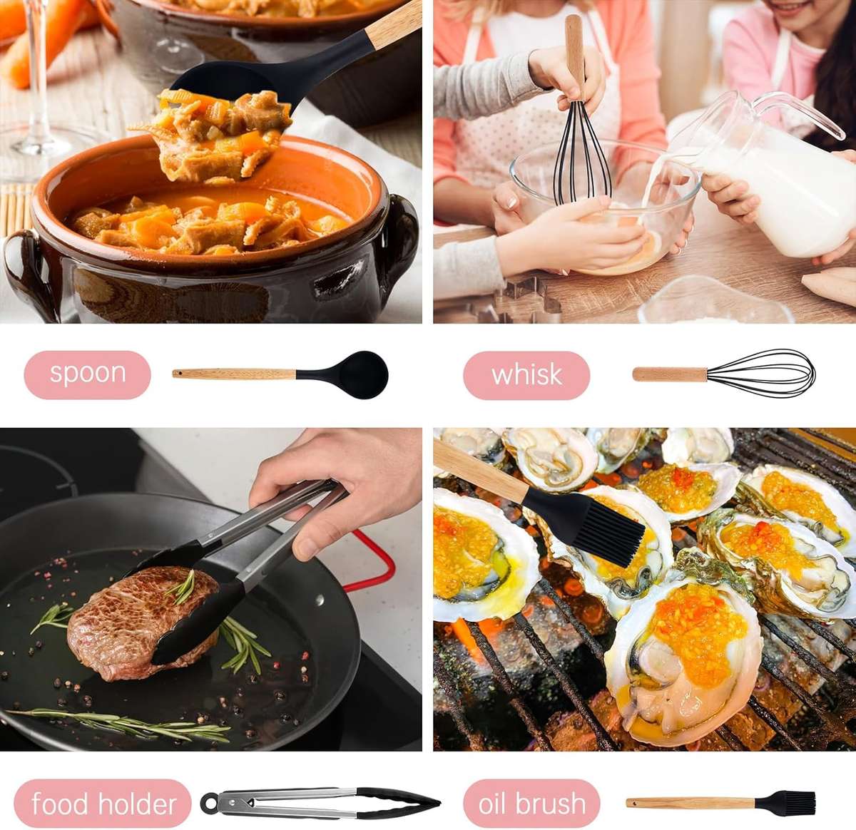 Kitchen Utensil Set 12 PCS Silicone Cooking Utensils Set with Wooden Handle Non-Stick Cooking Spoons