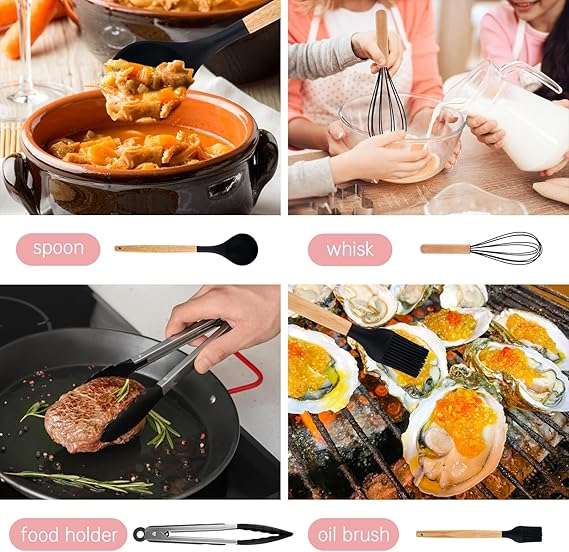 Kitchen Utensil Set 12 PCS Silicone Cooking Utensils Set with Wooden Handle Non-Stick (Grey)