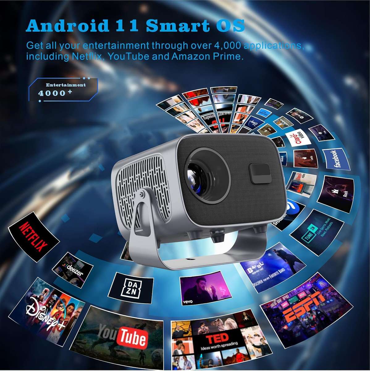4K Smart Projector with WiFi Auto Focus Portable Home Theater