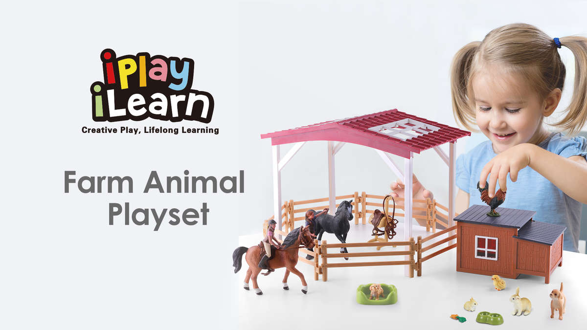 iPlay, iLearn Farm Animal House Toys, Kids Barn Set, Farmhouse Country Playset W Horse Stable, Ba...