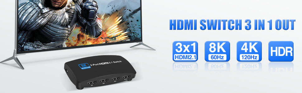 8K@60Hz HDMI 2.1 Switch, HDMI Switch 3 in 1 Out