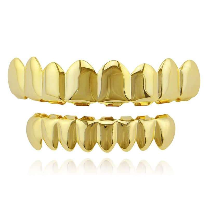 Gold Teeth Grillz with 8 Tooth Upper &amp; Lower Set