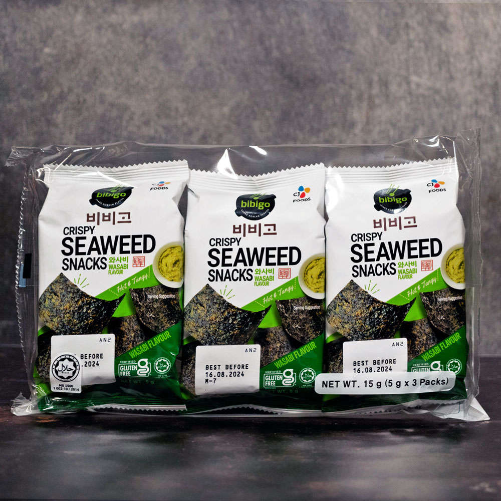Bibigo Crispy Seaweed Snack Wasabi Flavour (3 Pack) 15g