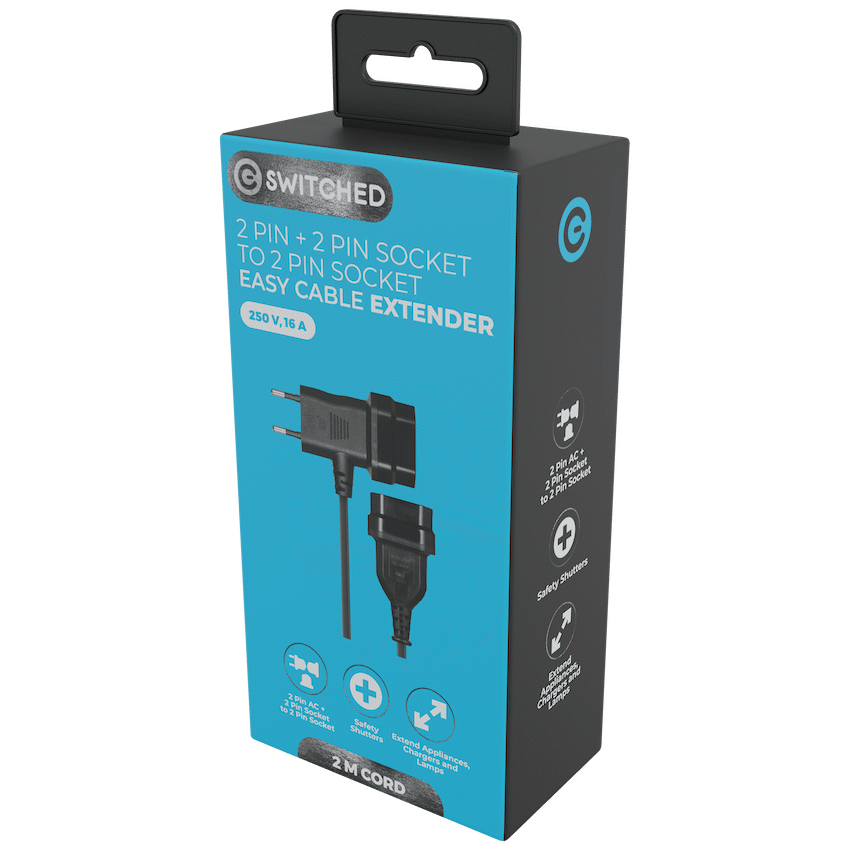 Switched Easy Cable Extender 2-Pin Euro to T-Shape AC 2-Pin Euro Socket 2m - Black