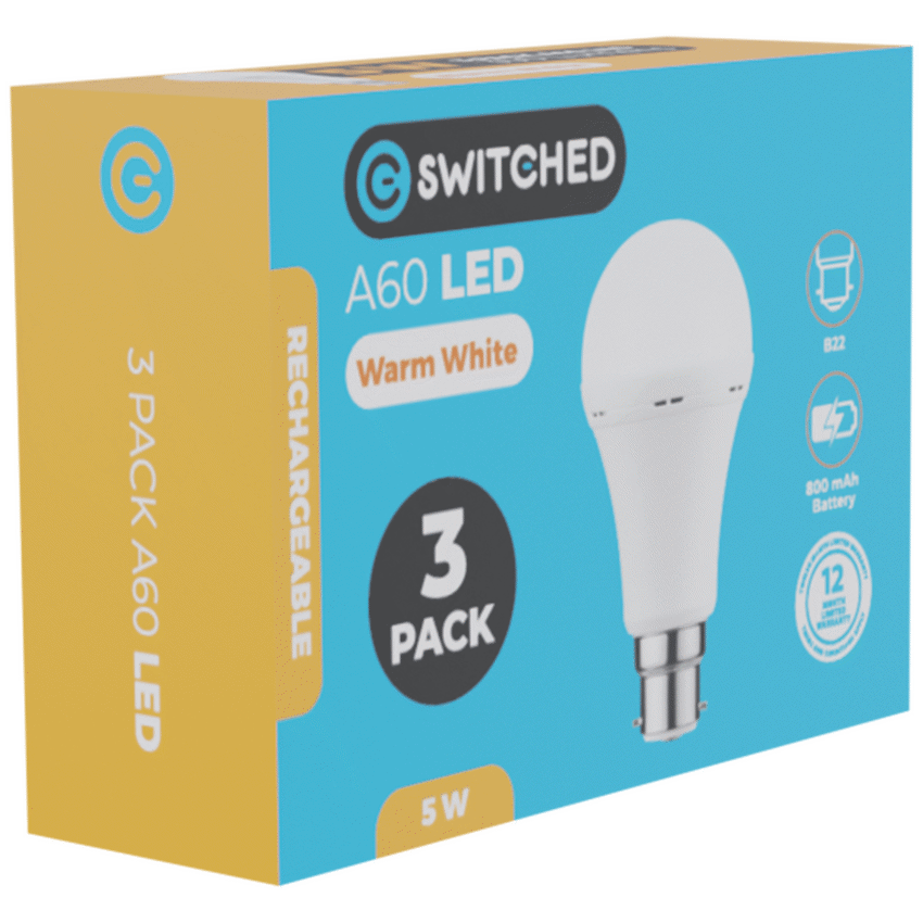 Switched 5w A60 Rechargeable B22 LED Light Bulb - WW - 3 Pack