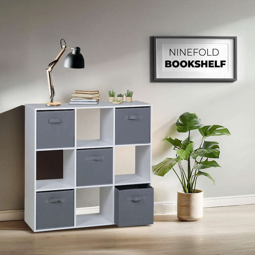 Everfurn Ninefold Bookshelf with 5 Storage Bins