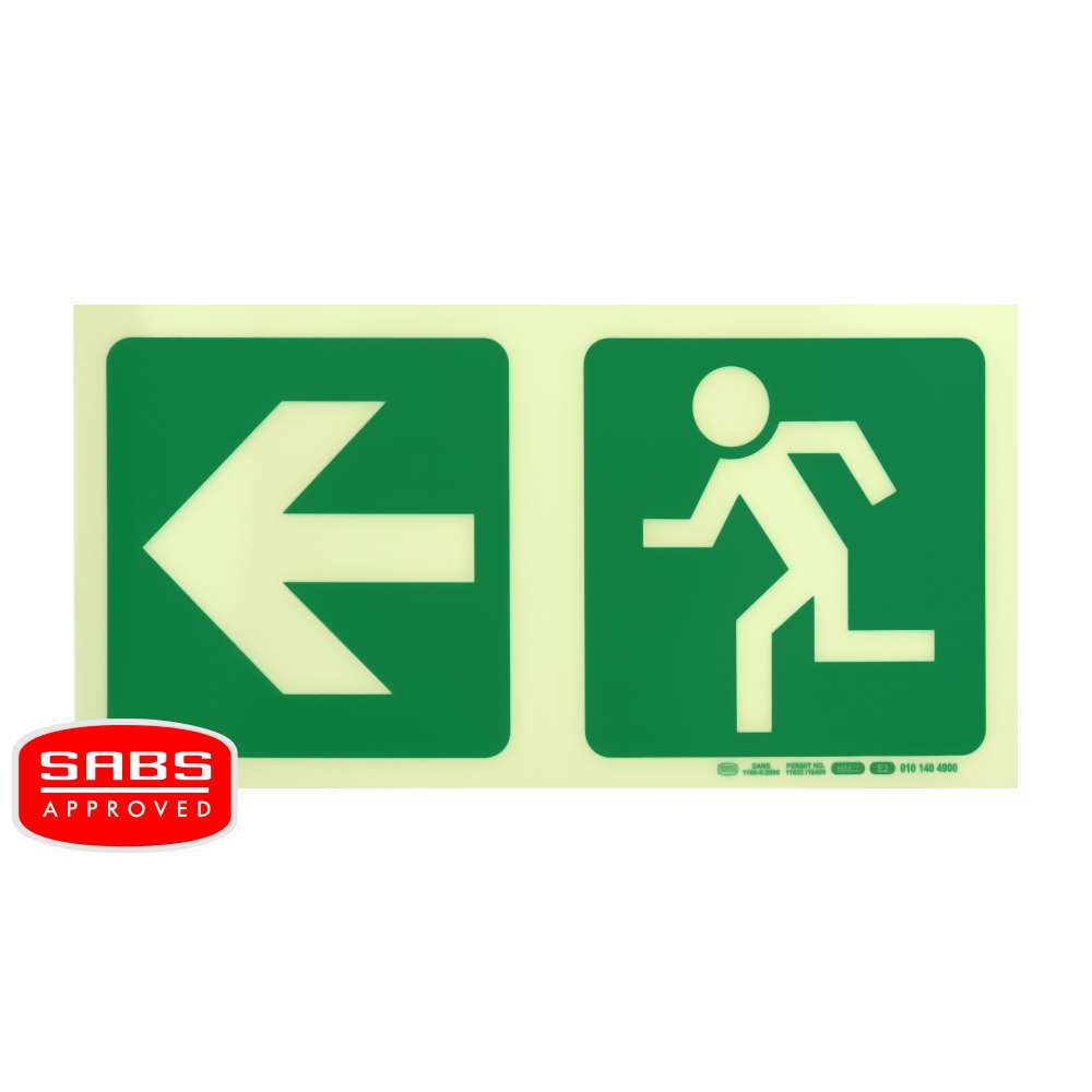 Photoluminescent 190MM Safety Sign - E2-Arrow Left+Running Man