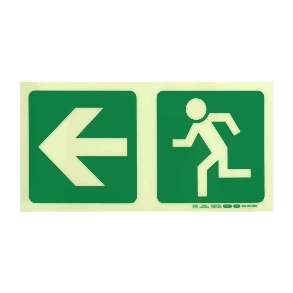 Photoluminescent 190MM Safety Sign - E2-Arrow Left+Running Man