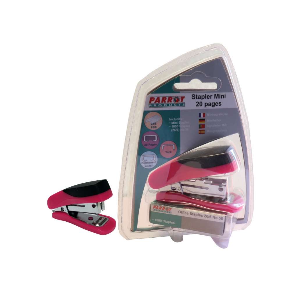 STAPLER PLASTIC MINI PINK + STAPLES (1000x26/6)
