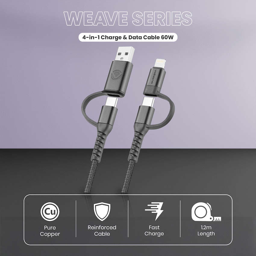 Volkano Weave Series 4-in-1 Charge & Data Cable 60w - 1.2m/4ft