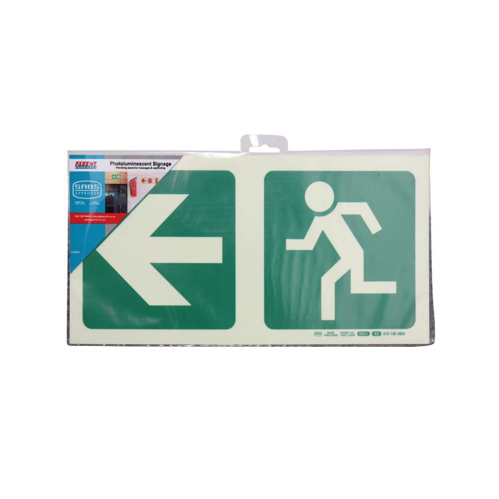 Photoluminescent 190MM Safety Sign - E2-Arrow Left+Running Man