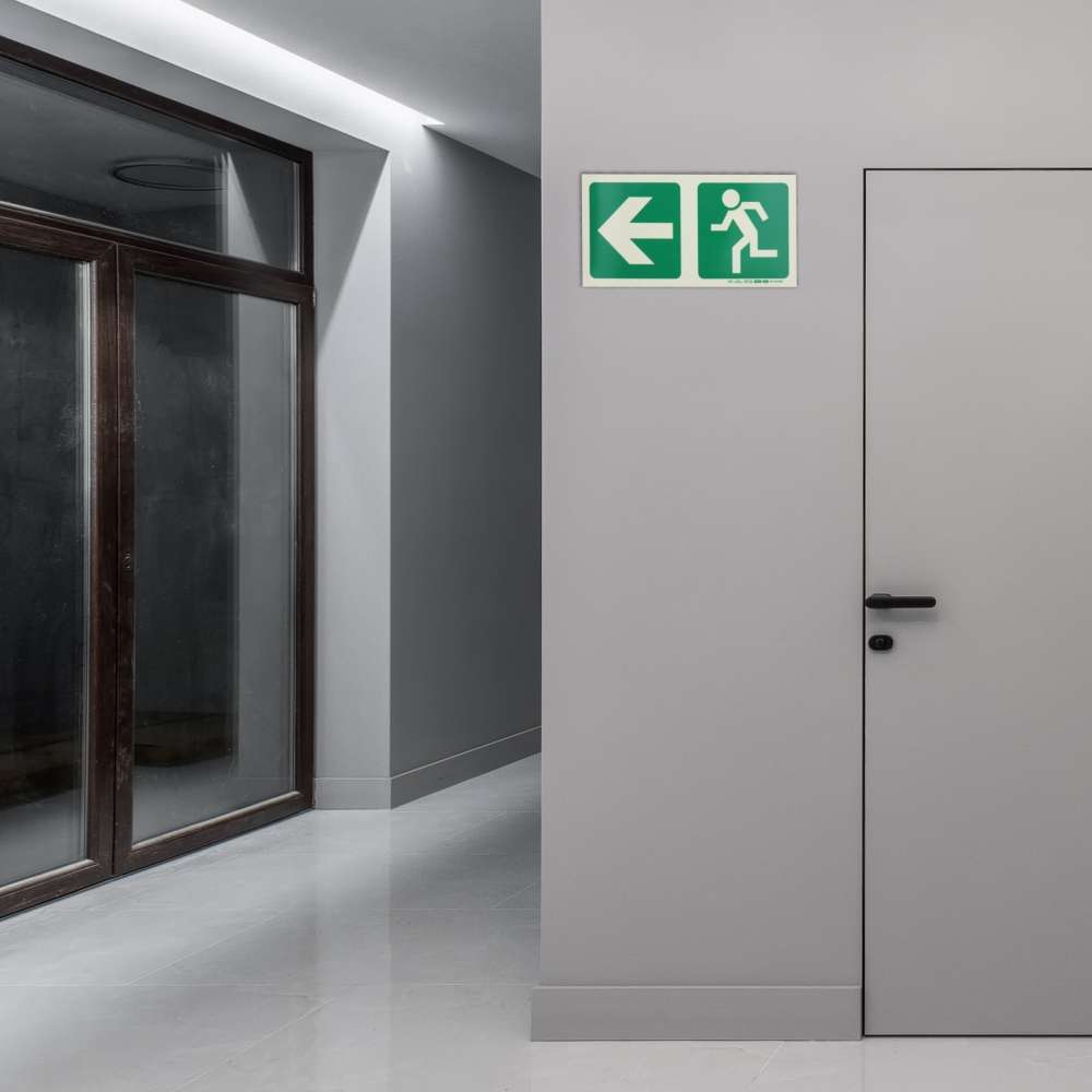 Photoluminescent 190MM Safety Sign - E2-Arrow Left+Running Man