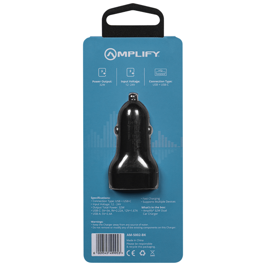Amplify Volto Series Dual Car Charger 32W (Type-C + USB) - Black