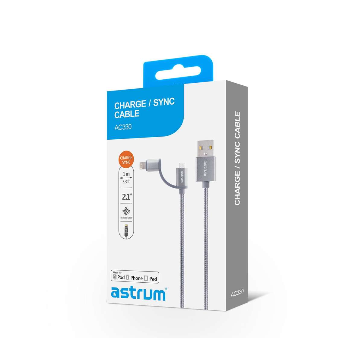 AC330 Micro USB + 8pin Charge &amp; Sync MFI Braided Cable