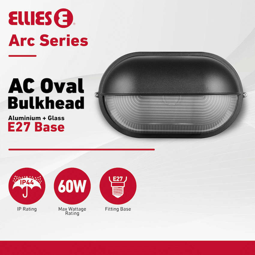 Ellies Arc Series - AC Oval LED Bulkhead - Aluminium + Glass - E27 Base -BK