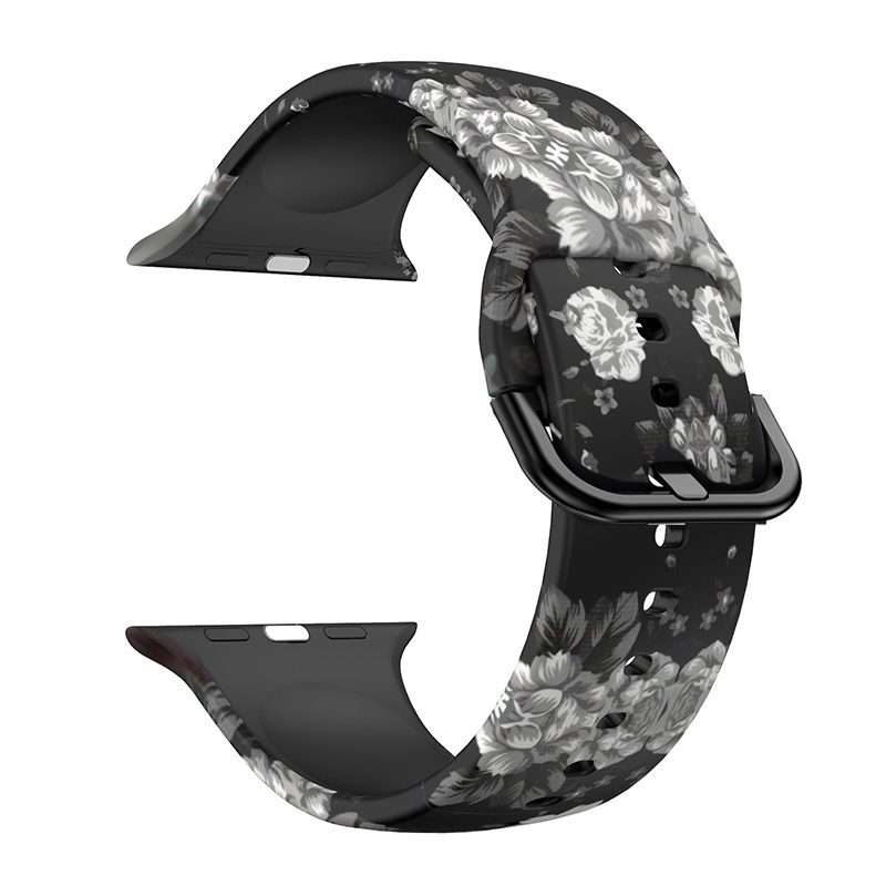 Apple Watch Printed Silicone Strap - Black and White Flowers
