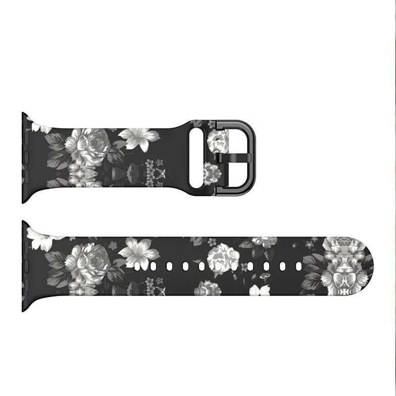Apple Watch Printed Silicone Strap - Black and White Flowers