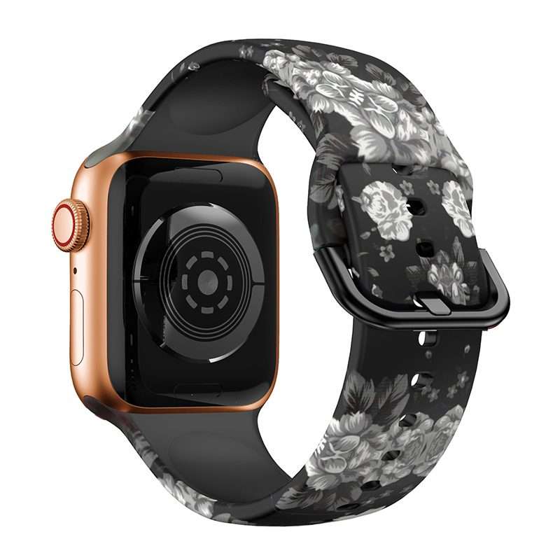 Apple Watch Printed Silicone Strap - Black and White Flowers