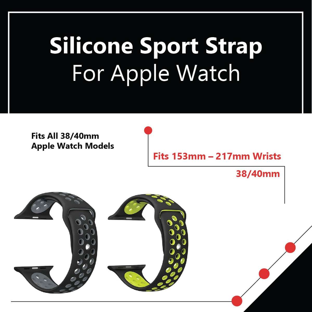 Zonabel 38/40/41mm Apple Watch Replacement Sport Strap - Black & Grey