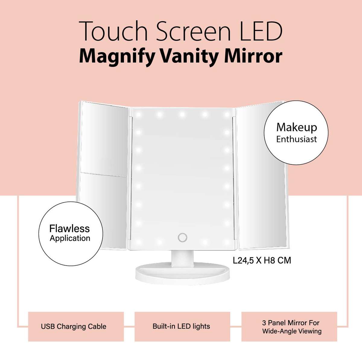 Nordik Beauty Touch Screen LED Magnify Vanity Mirror - White