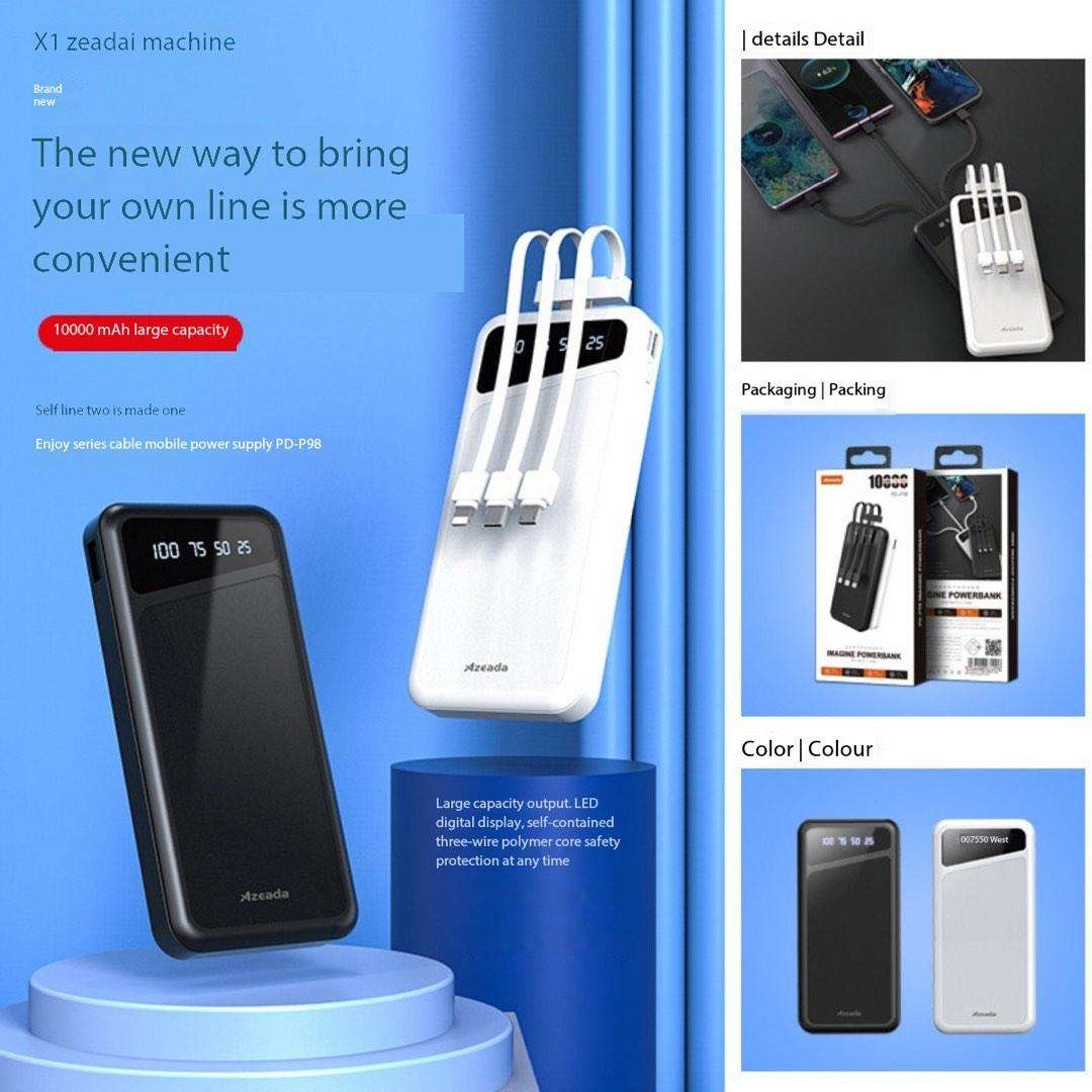 PowerBank 10000mAh Corded USB 2A With built-in Cable 3-in-1 for Charging