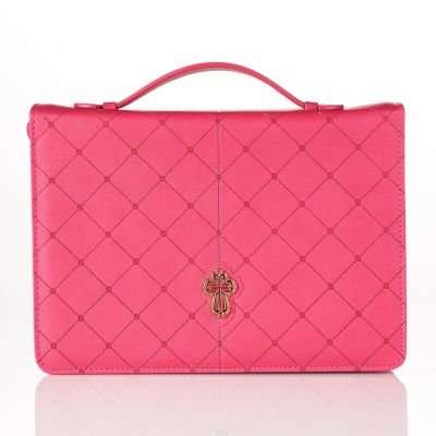Bible Cover LuxLeather Cross Badge Grace Zipper Pink (Medium)