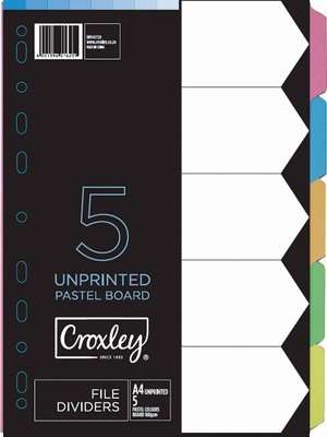 Croxley JD1477 A4 Unprinted Pastel Board File Dividers - 5 Divisions (160gsm)(Pastel Colours)