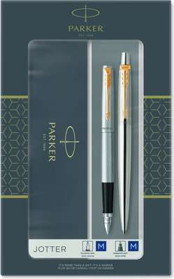 Parker Jotter Gift Set Stainless Steel Gold Trim Duo Ballpoint and Fountain Pen