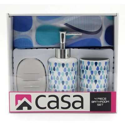 Casa Ceramic Bathroom Set with Shower Curtain (Blue Drops)