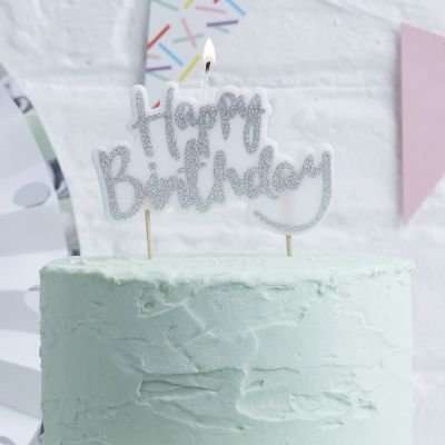 Pick & Mix - Sparkling Silver Glitter Happy Birthday Cake Candle Topper